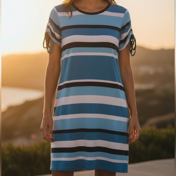 Michael Kors - NWOT, Multi Colored Striped Dress, Short Sleeves W/ Ruching & Tie - Picture 1 of 10